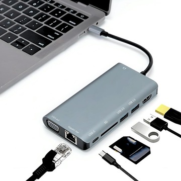 HUB USB C -> HDMI VGA 3xUSB 3.0 SD PD ADAPTER STACJA M1 10w1 Thunderbolt 3