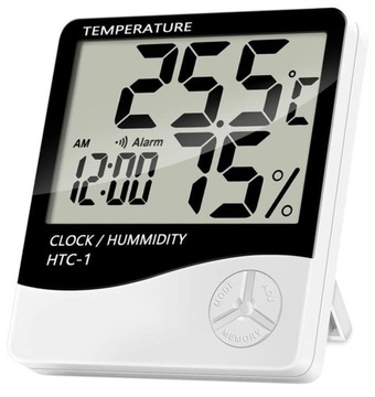 DOMOWA STACJA POGODY TERMOMETR HIGROMETR POMIAR WILGOTNOŚCI ZEGAREK LCD