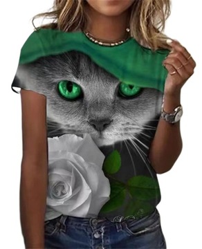 T-SHIRT DAMSKI KOSZULKA WZÓR 3D KOTEK FULLPRINT