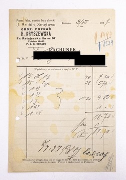 RACHUNEK - J. BRUHIN, FABRYKA SERÓW BEZ SKÓRKI, SMĘTOWO / POZNAŃ 1937