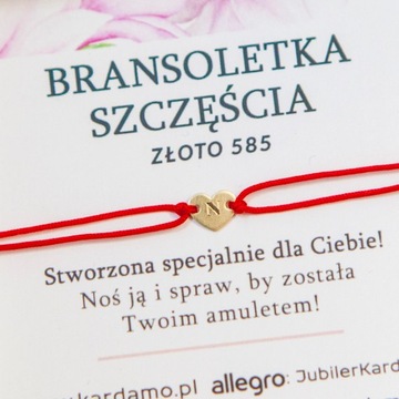 Bransoletka złota na sznurku serce serduszko złoto 585 miłość czerwona