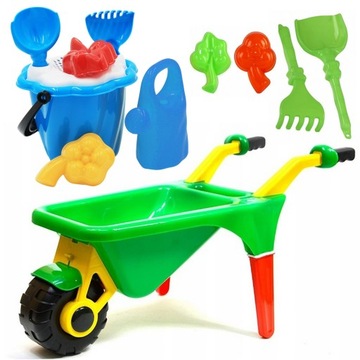 ZESTAW TACZKA DLA DZIECI + ZESTAW DO PIASKU + KONEWKA + ŁOPATKA + FOREMKI