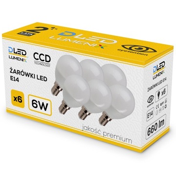 6x Żarówka LED E14 660lm 6W CCD kulka CIEPŁA