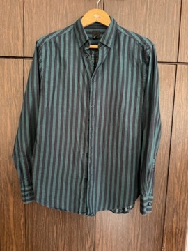 Koszula męska M w paski zielono-czarne H&M z kolnierzykiem casual
