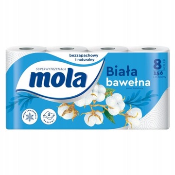 PAPIER TOALETOWY CELULOZA BIAŁY 2-WAR. 2x15g MOLA BIAŁA BAWEŁNA 8 rolek