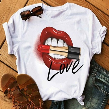Y2k T-shirty Kawaii szminka moda kobiety graficzna