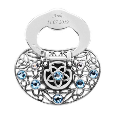 Smoczek Srebrny błękitne kamyki kwiatki Grawer