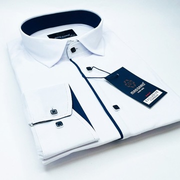 Elegancka biała koszula męska kwadratowe guziki z lycrą z lamówką SLIM-FIT
