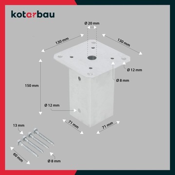 ZESTAW 2x PODSTAWA STOPKA SŁUPA PRZYKRĘCANA 70X70 mm WSPORNIK KOTWA STALOWA