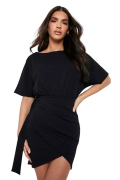 BOOHOO CZARNA SUKIENKA MINI ELEGANCKA NA WESELE BATWING WIĄZANA W PASIE 38