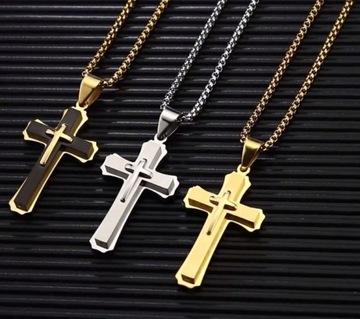 БОЛЬШОЙ СЕРЕБРЯНЫЙ КУЛОН-КРЕСТ НА СТАЛЬНОЙ ЦЕПИ