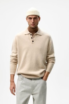 ZARA MAN SWETER POLO WEŁNA KASZMIR LUX BEŻ L