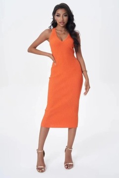 Women Sleeveless V-neck Rib Knitted Dress Stretcha