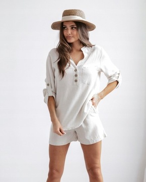 БЛУЗКА ЖЕНСКАЯ, РУБАШКА СВОБОДНАЯ ЛЬНЯНАЯ, ПУГОВИЦЫ, БЕЖЕВЫЙ M