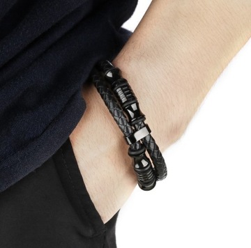 МУЖСКОЙ ЧЕРНЫЙ КОЖАНЫЙ ЭЛЕГАНТНЫЙ СТАЛЬНОЙ БРАСЛЕТ