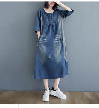 New Women Denim Dress Vintage Temperament Simple P