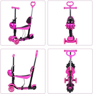 БАЛАНСОВЫЙ СКУТЕР 5в1 BIEDRONKA ТРЕХКОЛЕСНЫЙ СВЕТОДИОДНЫЙ РОЗОВЫЙ