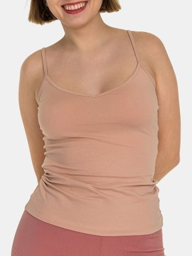 BLUZKA DAMSKA NA RAMIĄCZKACH KOSZULKA TOP GŁADKA BAWEŁNIANA BASIC BEŻOWA M