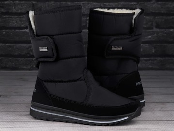 Buty damskie zimowe, śniegowce PROGRESS BLACK NA RZEP FUTERKO OCIEPLANE