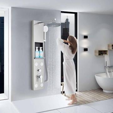 ДУШЕВАЯ ПАНЕЛЬ серебристая СВЕТОДИОДНОЕ ОСВЕЩЕНИЕ БАТАРЕЯ ТЕРМОСТАТ ГИДРОМАССАЖ ЖК-дисплей