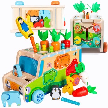 UKŁADANKA MONTESSORI Drewniane auto edukacyjne SORTER GRA ZŁAP ROBACZKA 7w1