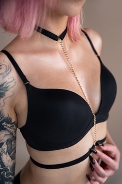 DarkLala Harness czarny choker na szyję złoty z łańcuszkiem