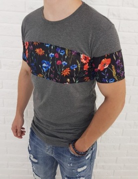 Szara koszulka meska w kolorowe kwiaty - XXL