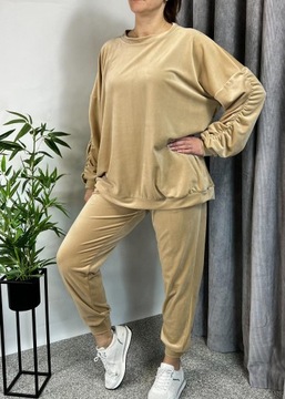 Dresy damskie welurowe komplet dresowy plus size beżowy 46-52