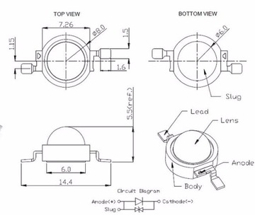 Мощность светодиода 1Вт Epistar 8500K на печатной плате - 5 шт.