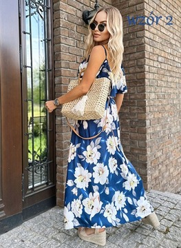 Długa stylowa MAXI SUKIENKA DAMSKA w kwiaty dekolt falbana na lato