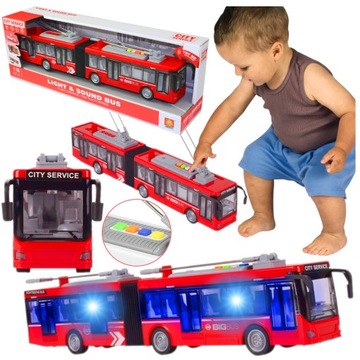 DUŻY AUTOBUS MIEJSKI Przegubowy TROLEJBUS LED Dźwięk Napęd Otwierane Drzwi