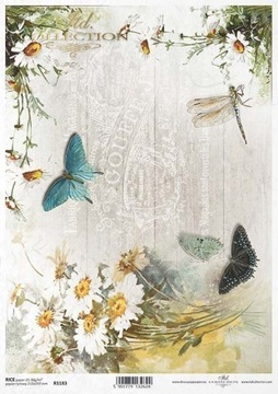ITD Collection - Decoupage Papier RYŻOWY R1183 Owady Motyle Kwiaty - A4