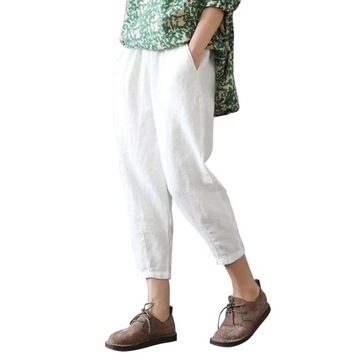 Eleganckie Lato Damskie Spodnie z Bawełny i Lnu Luźny Krój 7/8 Moda