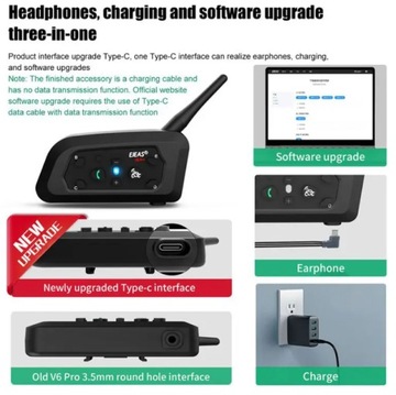 2 x INTERKOM MOTOCYKLOWY EJEAS V6 PRO+ USB-C 2024 Bluetooth 5.1 -do 6 kier.