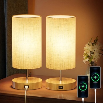 LAMPKA NOCNA STOŁOWA ŁADOWARKA USB LNIANY ABAŻUR L10