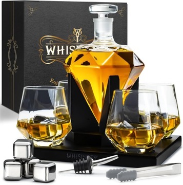 KARAFKA DO WHISKY KSZTAŁT DIAMENTU W ZESTAWIE SZCZYPCE SZKLANKI KAMIENIE