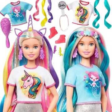 LALKA BARBIE Z KOLOROWĄ FRYZURĄ JEDNOROŻEC SYRENA