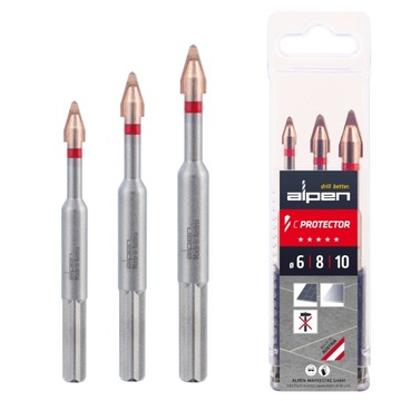 Wiertła do szkła gresu ceramiki płytek 6, 8, 10 mm zestaw Alpen C Protector