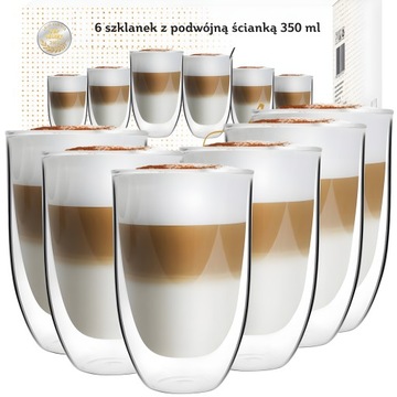 VIALLI SZKLANKI KUBKI TERMICZNE FILIŻANKI DO KAWY LATTE DRINKÓW 350 ML 6szt