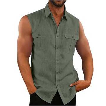 Cotton Linen Men's Shirt Sleeveless Tank Top Turn