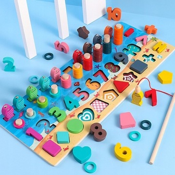 DREWNIANE RYBKI CYFRY SORTER LICZYDŁO ALFABET MONTESSORI