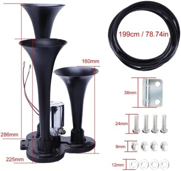 Рупорный рожок Train Horn 12 В/24 В, 3 трубы, черный Fit Do