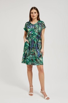 Sukienka w tropikalny wzór z wiązaniem w talii zielona XL od MOODO