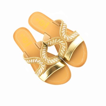 ZŁOTE KLAPKI DAMSKIE ELEGANCKIE CYRKONIE WYGODNE LETNIE GOLD LATO 39