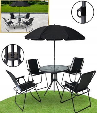 MEBLE OGRODOWE ZESTAW 4 CZĘŚCIOWY SKŁADANE KRZESŁA METALOWE STOLIK PARASOL
