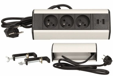 Gniazdo Meblowe Potrójne Nablatowe Uziemienie 2x USB Zaciski Kabel 1,8 m