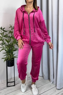 Dresy damskie welurowe komplet dresowy z perełkami różowy plus size 44-50