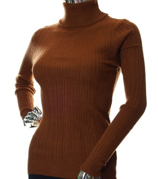 Damski sweter z golfem golf w prążek prążkowany z wiskozą XS, S brązowy