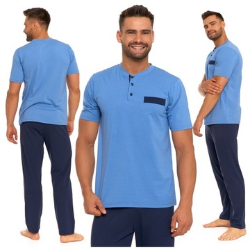 BAWEŁNIANA PIŻAMA MĘSKA ROPINANA Z KRÓTKIM RĘKAWEM MORAJ NIEBIESKA R. L