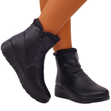 BOTKI DAMSKIE ZIMOWE CZARNE BUTY OCIEPLANE DWA SUWAKI